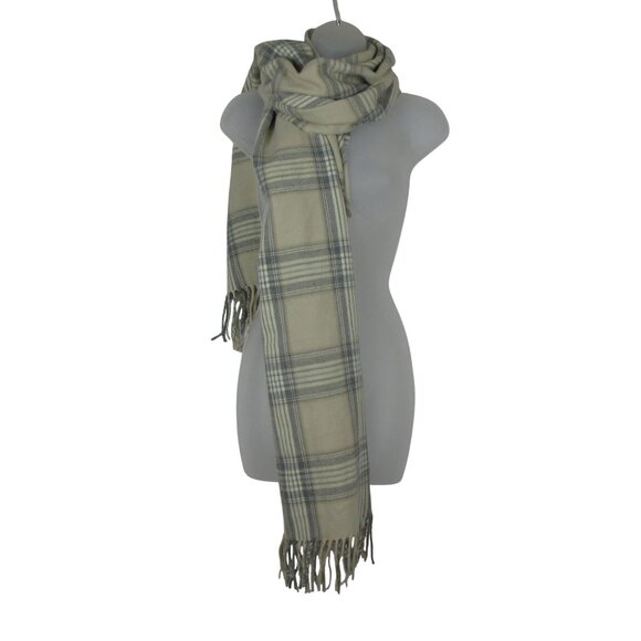 J CREW Warm Scarf Wrap Neutral Plaid Beige & Gray With Fringe Large 24 x 79 - Picture 7 of 7